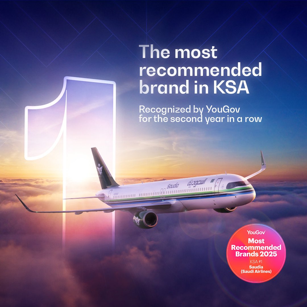 SaudiAirlinesEn's tweet image. Ranked #1 as Saudi Arabia’s most recommended brand for the second year in a row by @YouGov_MENA. 💚✨
Your trust inspires us to keep elevating every journey 🤩
#ThisIsHowWeFly