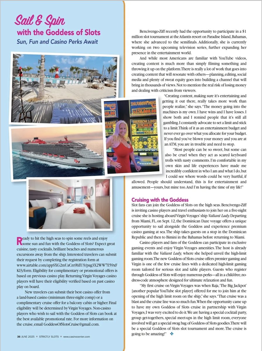 So excited to be featured in Strictly Slots magazine! 🙌
Want to read the article or join me on my casino cruise this September? 🎰🚢
Everything’s at goddessofslots.com!
#GoddessofSlots #slotscommunity #vegascasino #slotchannel #slotsfun #slotmachinejackpot #casinolife