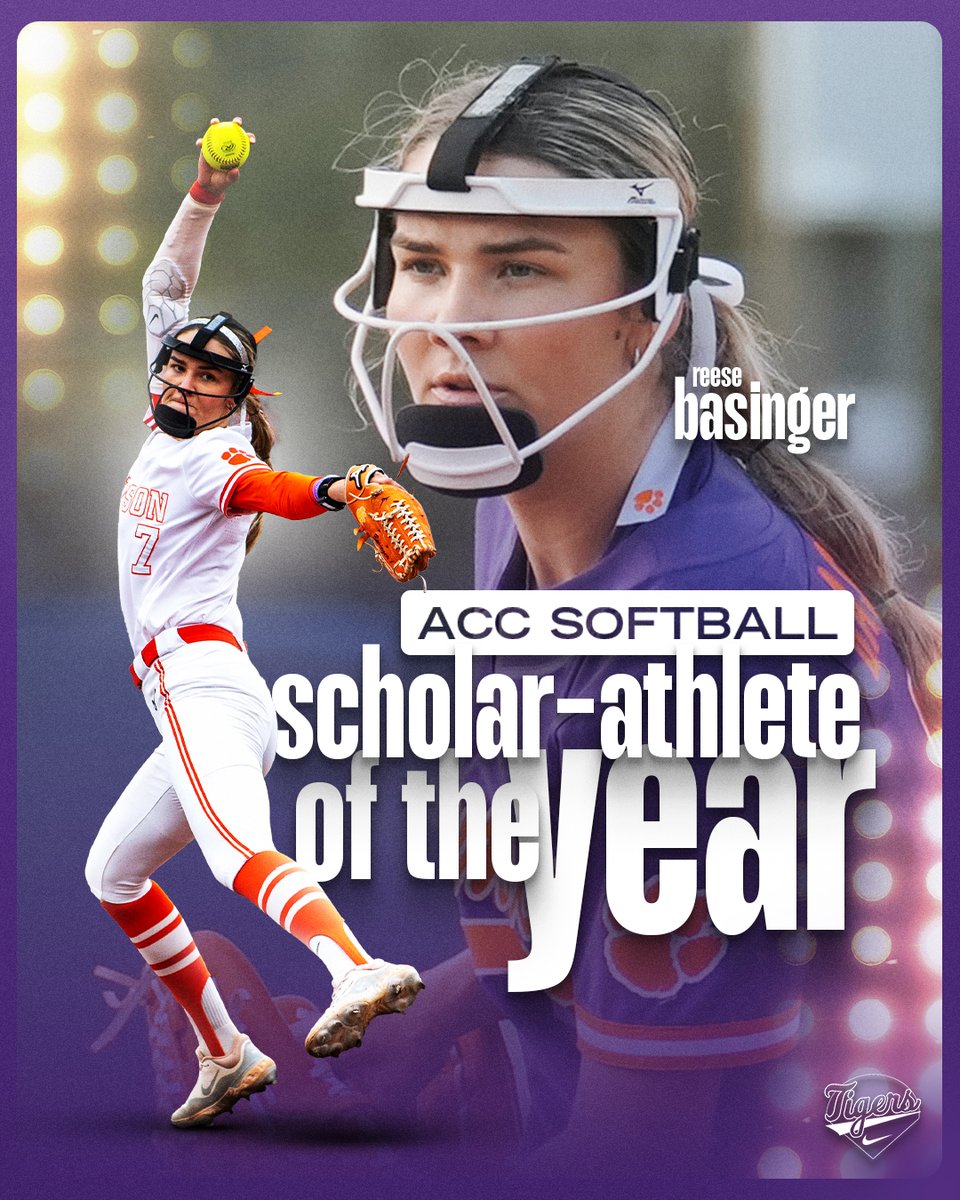 clemsonsoftball's tweet image. For the second time in three years, a Tiger is the ACC Softball Scholar-Athlete of the Year!
Congrats to Reese Basinger and our 10 other Tigers for being named to the 2025 All-ACC Academic Team!
📰 clemsontigers.com/2025-basinger-…