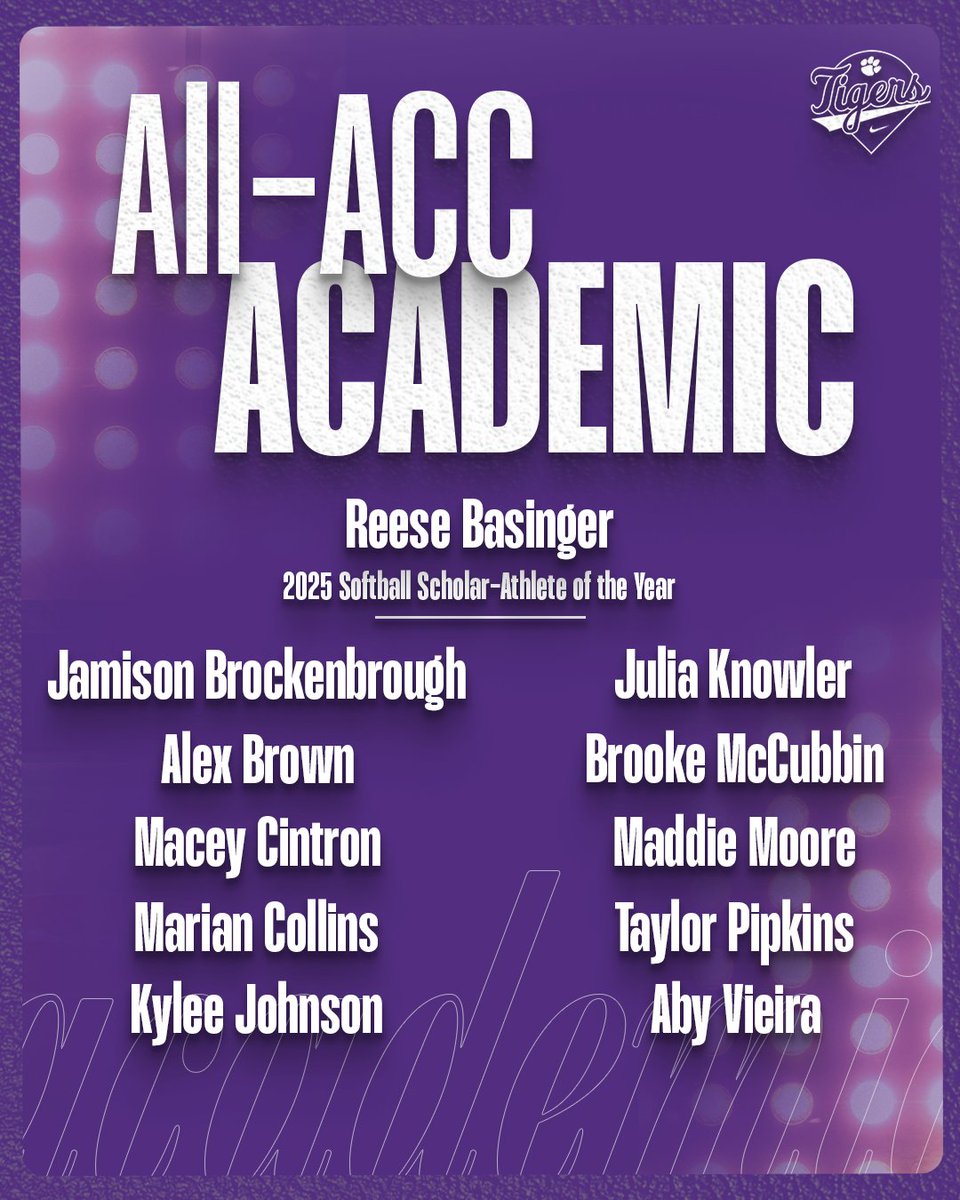 clemsonsoftball's tweet image. For the second time in three years, a Tiger is the ACC Softball Scholar-Athlete of the Year!
Congrats to Reese Basinger and our 10 other Tigers for being named to the 2025 All-ACC Academic Team!
📰 clemsontigers.com/2025-basinger-…