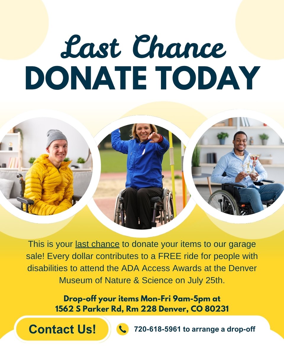 Drivers Cooperative - Colorado (@driverscoopco) on Twitter photo β³ Last chance to donate! Our garage sale fundraiser starts soon β help us raise funds for FREE ADA rides. DM to drop off your items now! (in collab with <a href="/CCDC501c3/">CCDC ACTION</a>)
#ADA35 #GarageSaleForAccess #LastCallToDonate #DisabilityRights #CCDC β³ Last chance to donate! Our garage sale fundraiser starts soon β help us raise funds for FREE ADA rides. DM to drop off your items now! (in collab with <a href="/CCDC501c3/">CCDC ACTION</a>)
#ADA35 #GarageSaleForAccess #LastCallToDonate #DisabilityRights #CCDC