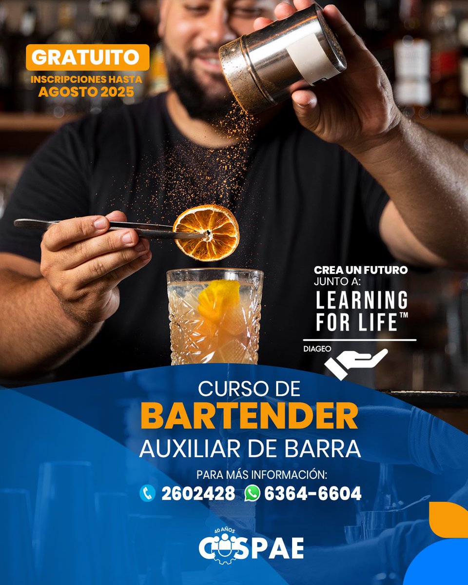 ¡Construye un futuro lleno de oportunidades!Curso GRATUITO de Bartender y Auxiliar de Barra, iniciativa de COSPAE en colaboración con ITSE y DIAGEO a través de su programa Learning for Life
Inscripciones abiertas hasta agosto / Tel. 260-2428 o por WhatsApp al 6364-6604.
