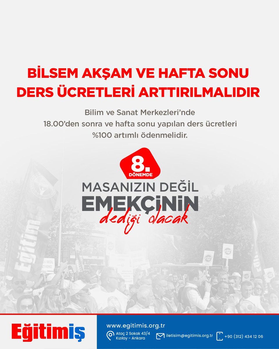 BİLSEM Akşam ve Hafta Sonu Ders Ücretleri Arttırılmalıdır

Bilim ve Sanat Merkezleri’nde 18.00’den sonra ve hafta sonu yapılan ders ücretleri %100 artımlı ödenmelidir.

#emekçinindediği