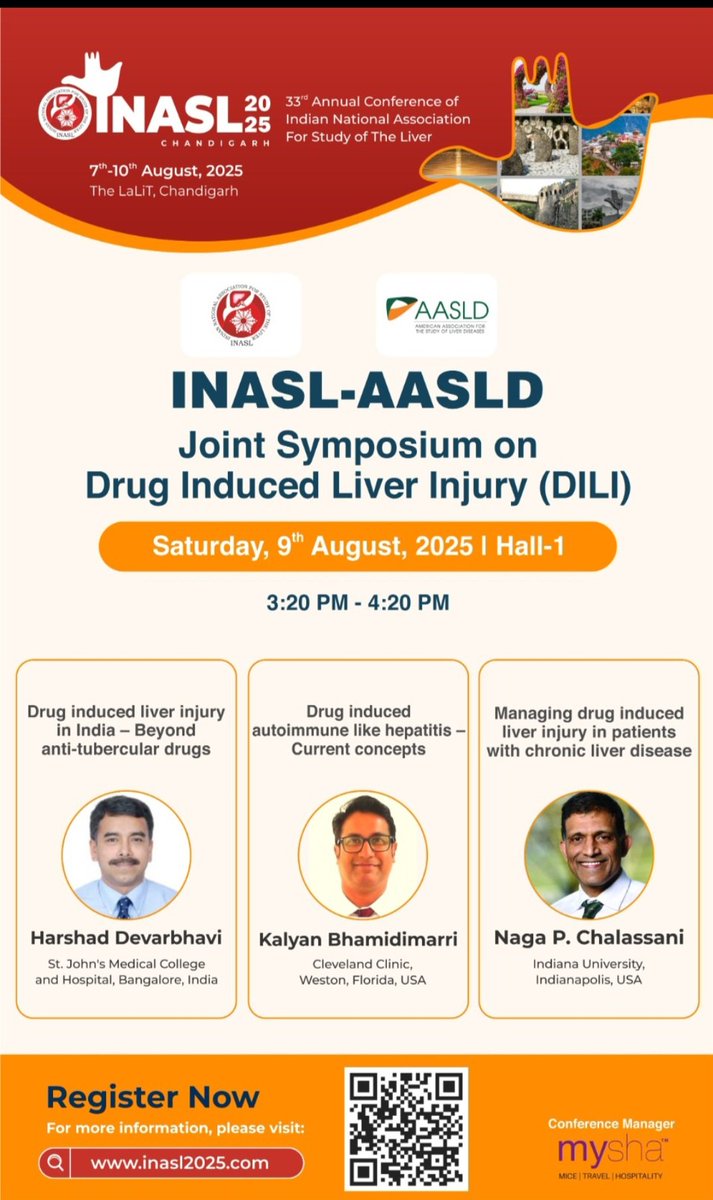 INASL_Liver's tweet image. INASL-2025
7th - 10th August, 2025
Chandigarh
INASL-AASLD Joint Symposium on Drug Induced Liver Injury (DILI)
Saturday, 9th August, 2025