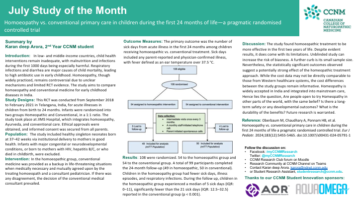 July Study of the Month! 

Check out 2nd year student, Karan Deep Arora’s summary of the article "Homoeopathy vs. conventional primary care in children during the first 24 months of life—a pragmatic randomised controlled trial."
Read full article: doi:10.1007/s00431-024-05791-1