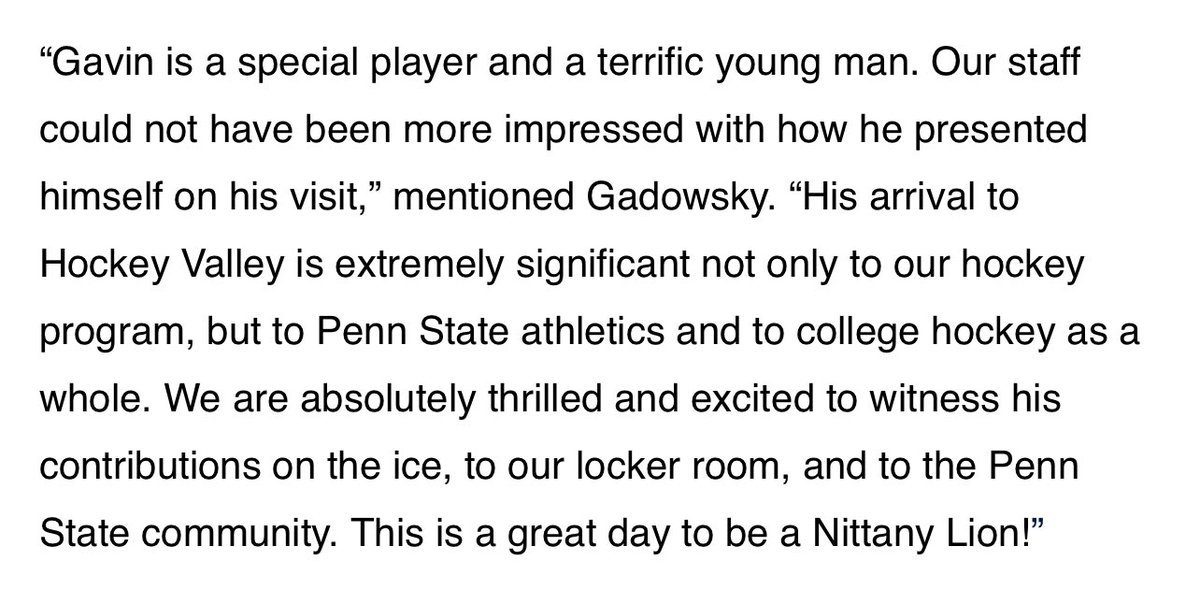 audsnyder4's tweet image. Penn State released statements from Guy Gadowsky and AD Pat Kraft on the addition of Gavin McKenna.
Yeah, it’s that big of a deal that the AD weighed in on the commitment