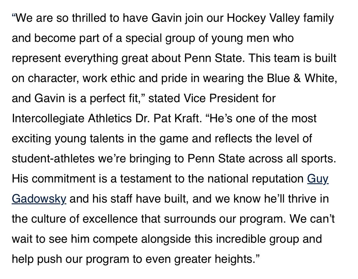 audsnyder4's tweet image. Penn State released statements from Guy Gadowsky and AD Pat Kraft on the addition of Gavin McKenna.
Yeah, it’s that big of a deal that the AD weighed in on the commitment