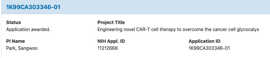 SangwooSPark's tweet image. Excited to share that I’ve officially received the NIH/NCI Early-Stage K99/R00 award!
So grateful for my mentors (Dr. Marcela Maus and Dr. Matthew Paszek), colleagues, and friends who’ve supported me.
A slightly delayed but unforgettable birthday gift! 🎉
#K99R00 #NIH #MGH