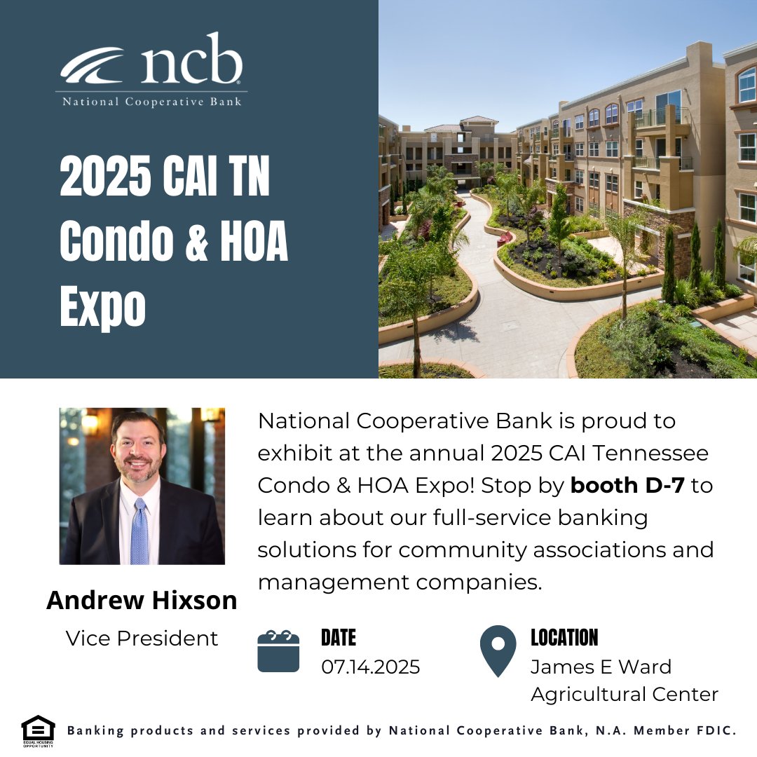 National Coop Bank (@natlcoopbank) on Twitter photo National Cooperative Bank is proud to exhibit at the annual 2025 <a href="/CAIsocial/">Community Associations Institute</a> Tennessee Condo & HOA Expo! Stop by booth D-7 to learn about our full-service banking solutions for community associations and management companies. National Cooperative Bank is proud to exhibit at the annual 2025 <a href="/CAIsocial/">Community Associations Institute</a> Tennessee Condo & HOA Expo! Stop by booth D-7 to learn about our full-service banking solutions for community associations and management companies.