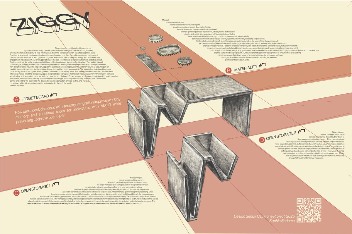 THESIS THURSDAY | Neurodivergent Desk

Sophia Badame investigates how product design can support neurodivergent users through behavioral psychology research. Her wooden desk features integrated fidget components and sensory engagement strategies to aid focus. #InclusiveDesign