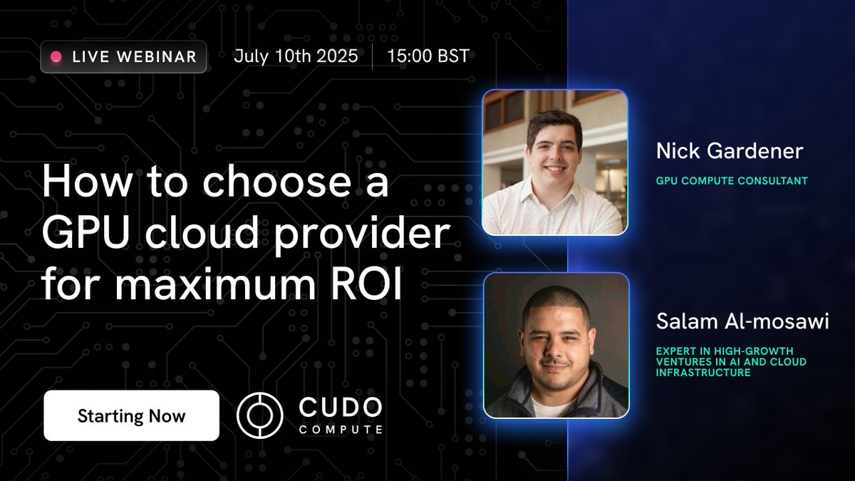 We’re live now.
For 30 minutes, we'll cover how to critically evaluate GPU cloud providers. Real benchmarks. No fluff.

Join our experts, Salam Al-Mosawi and Nick Gardener. Register here for access:
linkedin.com/events/howtocr…