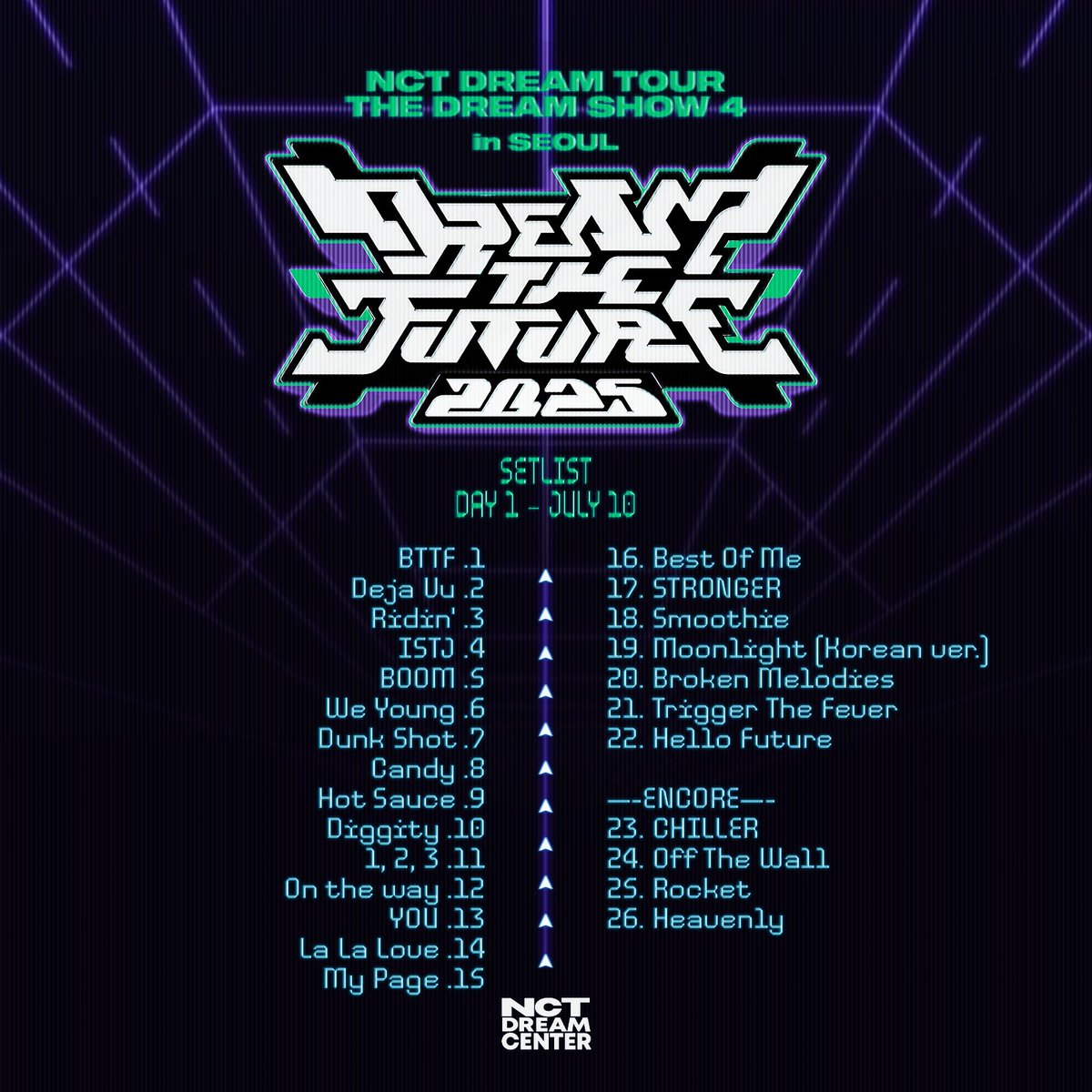 NCT DREAM 2025 TOUR &lt;THE DREAM SHOW 4 : DREAM THE FUTURE&gt; in SEOUL @ Gocheok Sky Dome - Day 1

🎶 FULL SETLIST 🎶

7DREAM KICKS OFF TDS4
#THEDREAMSHOW4_DAY1
#NCTDREAM_THEDREAMSHOW4
#NCTDREAM <a href="/NCTsmtown_DREAM/">NCT DREAM</a>