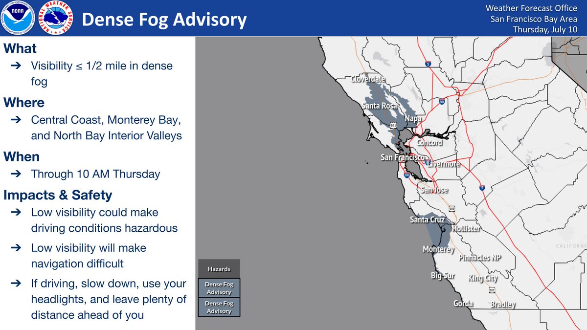 Dense Fog Advisory in effect through 10AM for the Central Coast, Monterey Bay, &amp; North Bay Interior Valleys. Thus, drivers &amp; mariners will be impacted. Please take the proper precautions as low visibility could make driving conditions hazardous &amp; will make navigation difficult.