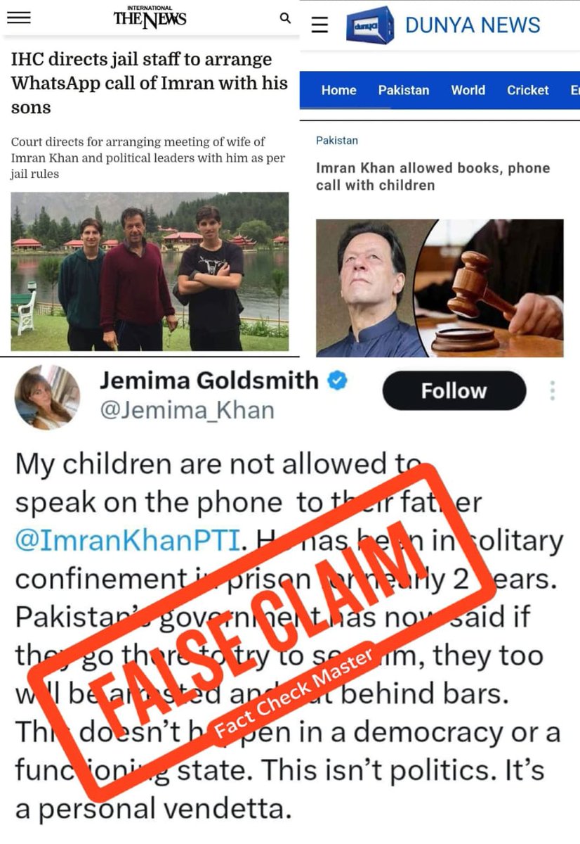 🚫Fact-Check: False Claims by Jemima Goldsmith

Jemima's claims that her children are barred from speaking to Imran Khan and threatened with arrest if they visit him are false. No official order or statement supports this. Government and court records deny any such restrictions.