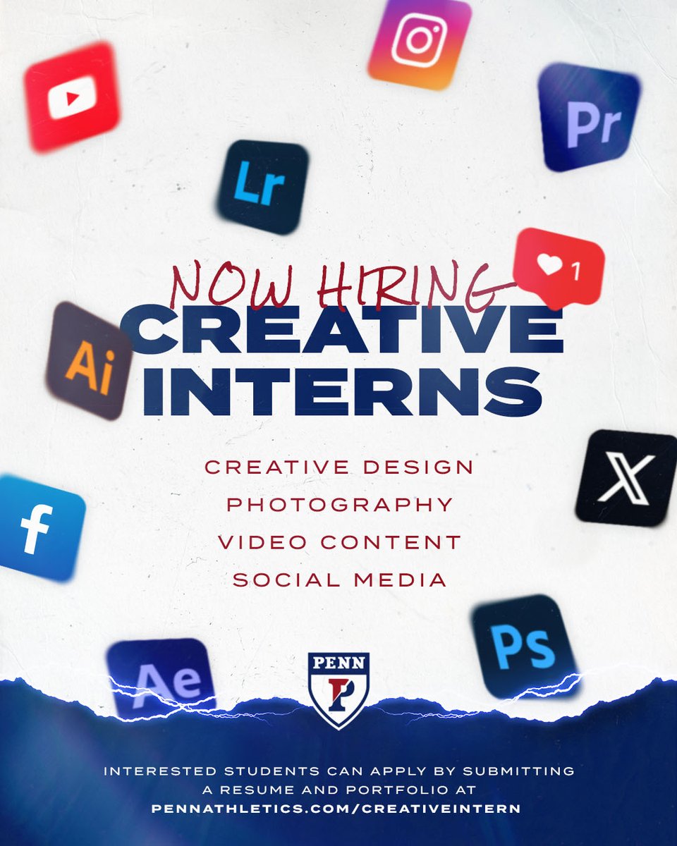 𝗖𝗿𝗲𝗮𝘁𝗶𝘃𝗲 𝗜𝗻𝘁𝗲𝗿𝗻𝘀 𝗪𝗮𝗻𝘁𝗲𝗱 🗣️

Penn Athletics is on the look out for talented Philly area students to join the content creation team!

🔗 » pennathletics.com/creativeintern

#FightOnPenn