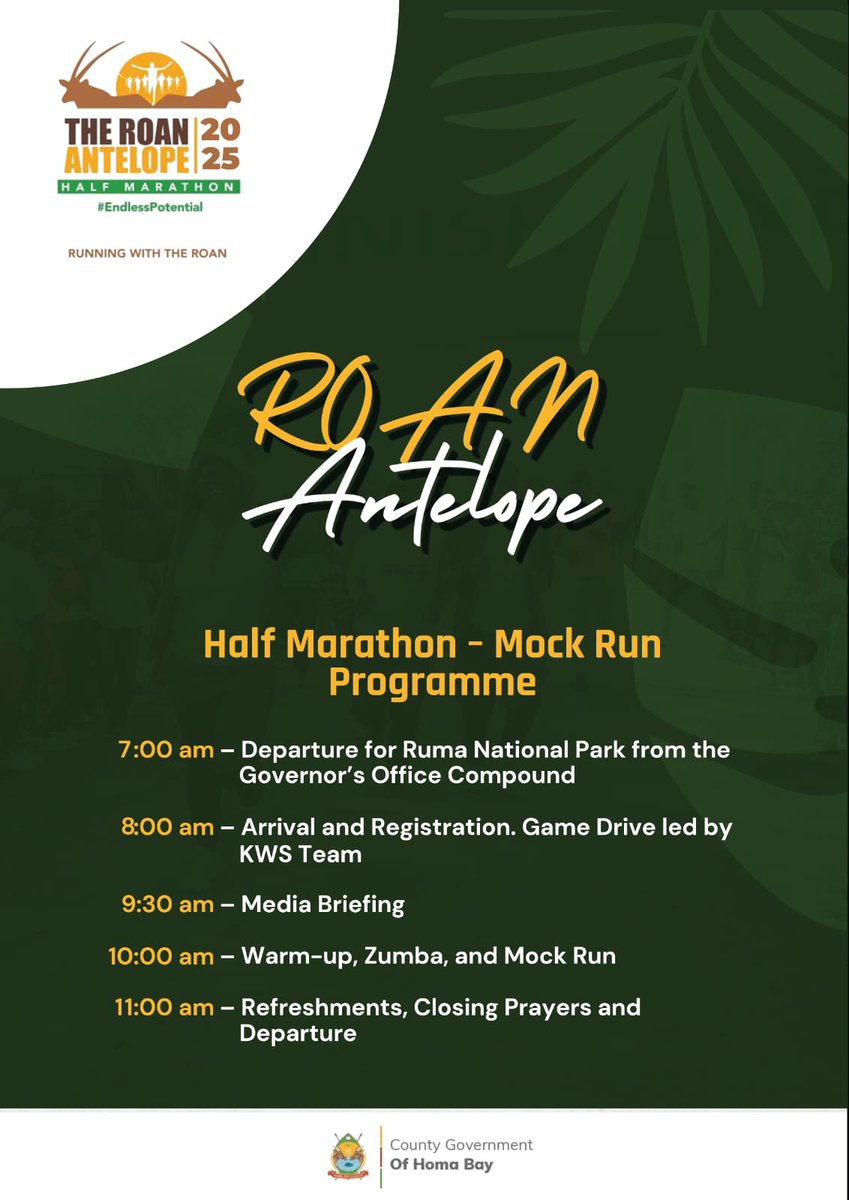 Join us tomorrow morning at the Ruma National Park for Roan Antelope Half Marathon- Mock Run. 
#RunWithTheRoan