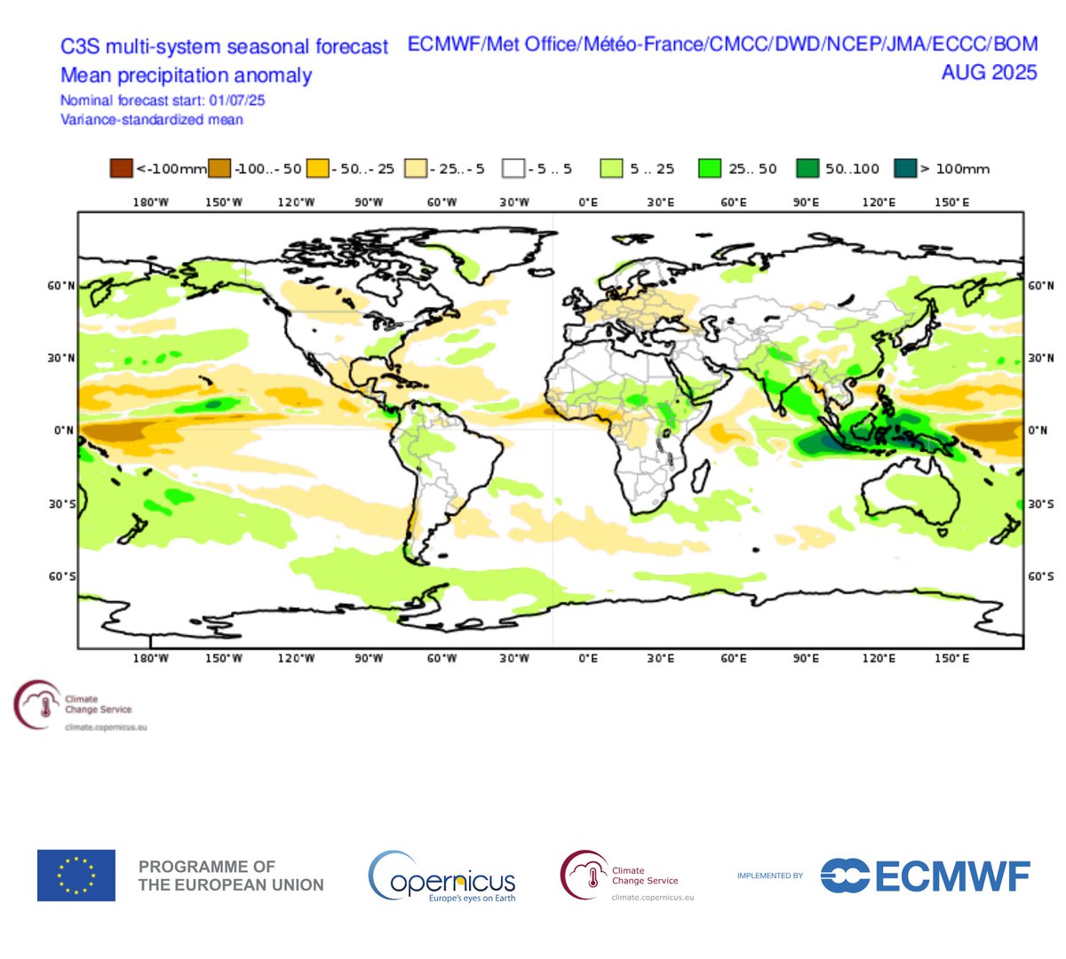 C3S multimodel yüksek çözünürlüklü verilere göre Ağustos’ta MSLP anomalisi normalin altında; Basra termik alçak basıncı baskın. Afrika kökenli sıcaklar etkili, ancak Basra kaynaklı sıcaklar da sıkça görülecek. Türkiye’de sıcaklıklar normallerin +1 ila +2°C üzerinde, Doğu