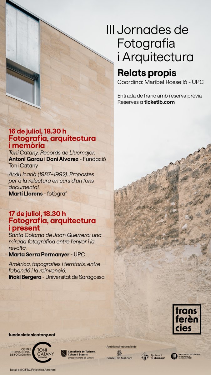 FTCatany's tweet photo. La setmana vinent comencen al #CIFTC les III JORNADES DE FOTOGRAFIA I ARQUITECTURA, coordinades per @MaribelRossello (@la_UPC )
Seran el 16, 17, 23 i 24 de juliol de 18.30 a 21h, accés gratuït amb reserva prèvia a ticketib
+ info i reserves: https://t.co/CK7lius0pQ https://t.co/sdldipp6JU