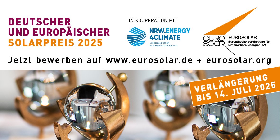 🚨 Letzte Erinnerung:
Noch bis Montag können Sie Ihre Bewerbung für den Deutschen Solarpreis 2025 und den Europäischen Solarpreis 2025 einreichen!
Deutschen Solarpreis 2025:
eurosolar.de/deutscher-sola…
Europäischen Solarpreis 2025:
eurosolar.org/application-fo…