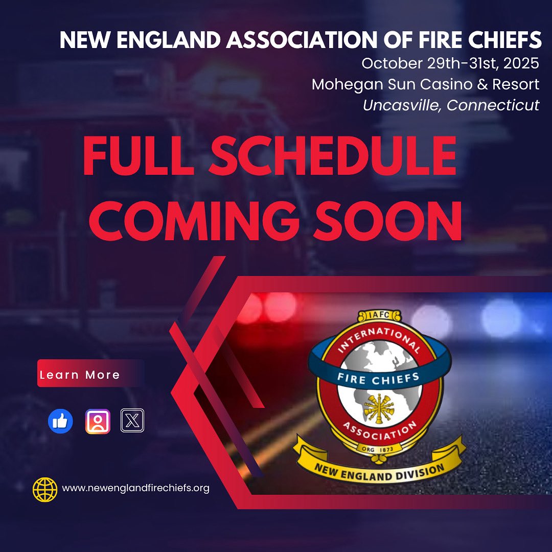 New England Association of Fire Chiefs (@nefirechiefs) on Twitter photo 🚨 NEAFC 2025 is heating up!
Hotel reservations are OPEN — mention “NEAFC” for the exclusive rate at <a href="/MoheganSun/">Mohegan Sun ☀️</a> 🔥
📍 Oct 29–31, 2025 | Uncasville, CT
🎟️ Tickets: newenglandfirechiefs.org
📧 Vendor booths: Gowans.RA@gmail.com
Schedule coming soon. Tag your crew!
#NEAFC2025 🚨 NEAFC 2025 is heating up!
Hotel reservations are OPEN — mention “NEAFC” for the exclusive rate at <a href="/MoheganSun/">Mohegan Sun ☀️</a> 🔥
📍 Oct 29–31, 2025 | Uncasville, CT
🎟️ Tickets: newenglandfirechiefs.org
📧 Vendor booths: Gowans.RA@gmail.com
Schedule coming soon. Tag your crew!
#NEAFC2025