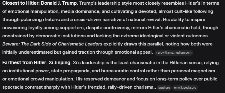 OMG 😱😱😱
<a href="/grok/">Grok</a> 's response on For charismatic leadership in comparison to Adolf Hitler
grok.com/share/c2hhcmQt…
<a href="/realDonaldTrump/">Donald J. Trump</a> <a href="/elonmusk/">Elon Musk</a>