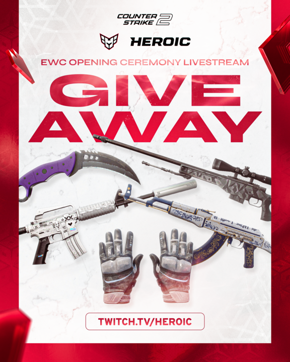 to celebrate the #EWC opening ceremony, we're giving away:
Moto Gloves | Smoke Out on X + the rest of the skins on Twitch at 6PM CEST!

follow <a href="/heroicgg/">HEROIC</a> + like
repost + tag a friend