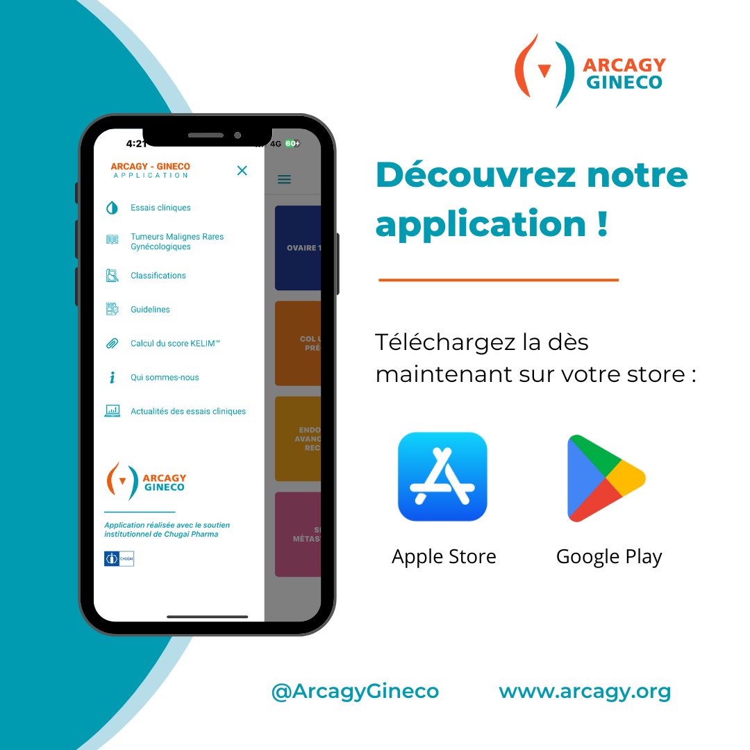Une question sur l'une de nos études ?
Vous souhaitez en savoir plus sur les #activités du groupe ARCAGY-GINECO ?

📲 Découvrez notre #application mobile !
Accédez facilement à nos actualités, études cliniques, les recommandations et bien plus encore.

👉 Téléchargez