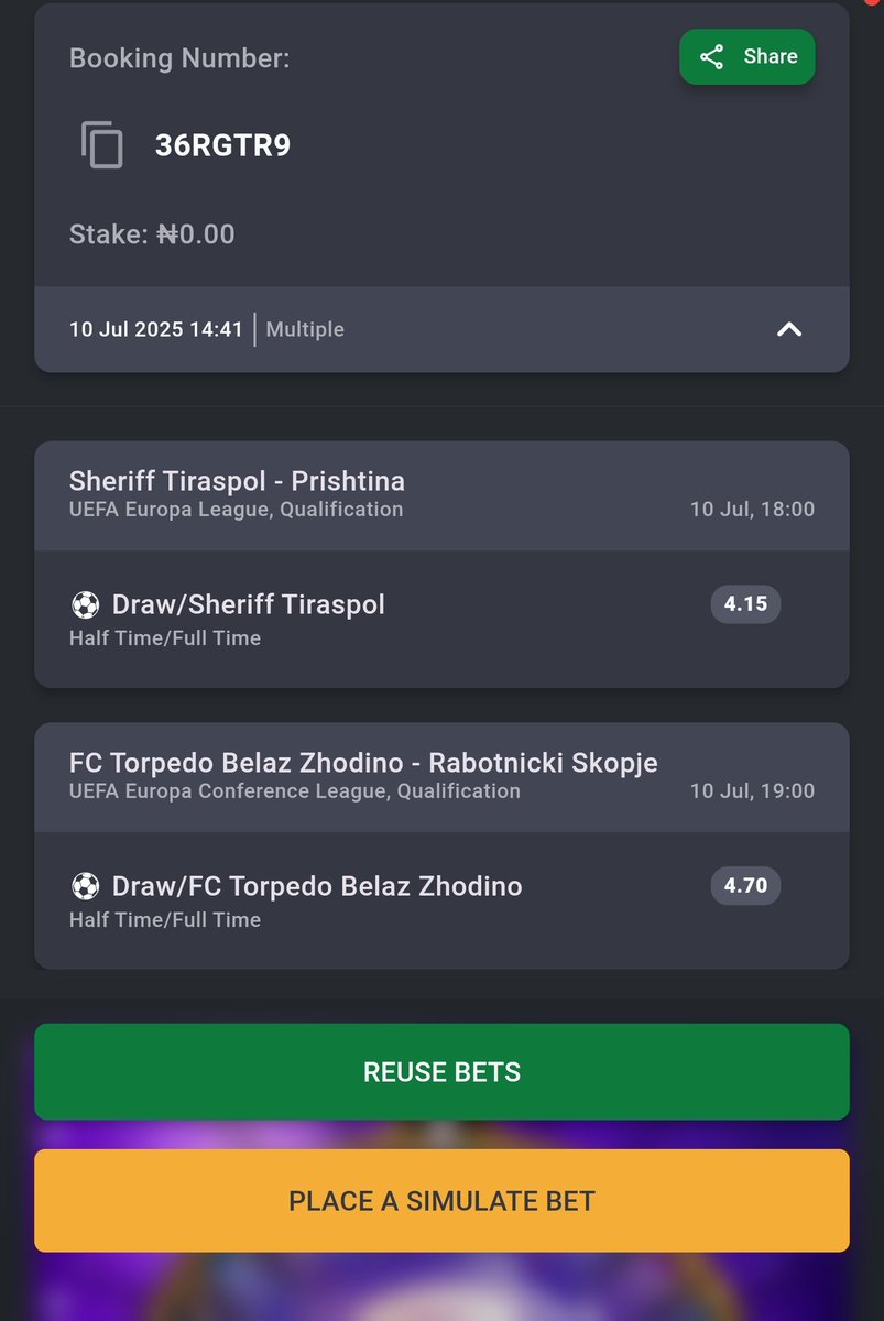 #Bet9jaCode 

3 ODDS - 36RGFVW 

20 ODDS - 36RGTR9