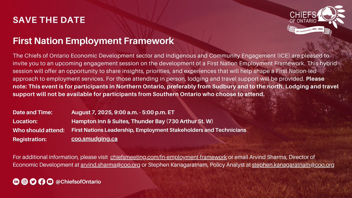 ChiefsofOntario's tweet image. The Chiefs of Ontario Economic Development sector and Indigenous and Community Engagement (ICE) are pleased to invite you to an upcoming session on the development of a First Nation Employment Framework August 7, 2025, in Thunder Bay, ON.
Registration: coo.smudging.ca/Meeting/Regist…