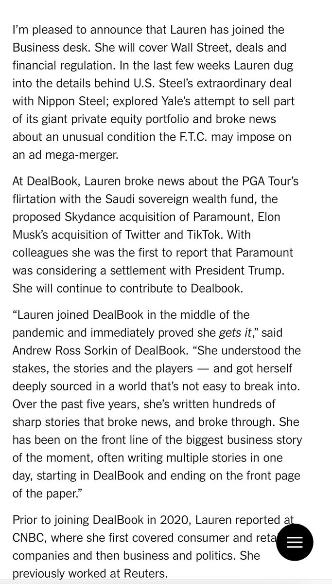 LaurenSHirsch's tweet image. I’m expanding my role at @nytimes as I dive deeper into the biggest stories on Wall Street and across corporate America. I’ll continue to contribute to @DealBook and forever be grateful for 5 years working for @andrewrsorkin and the opportunity to learn from the best in the biz