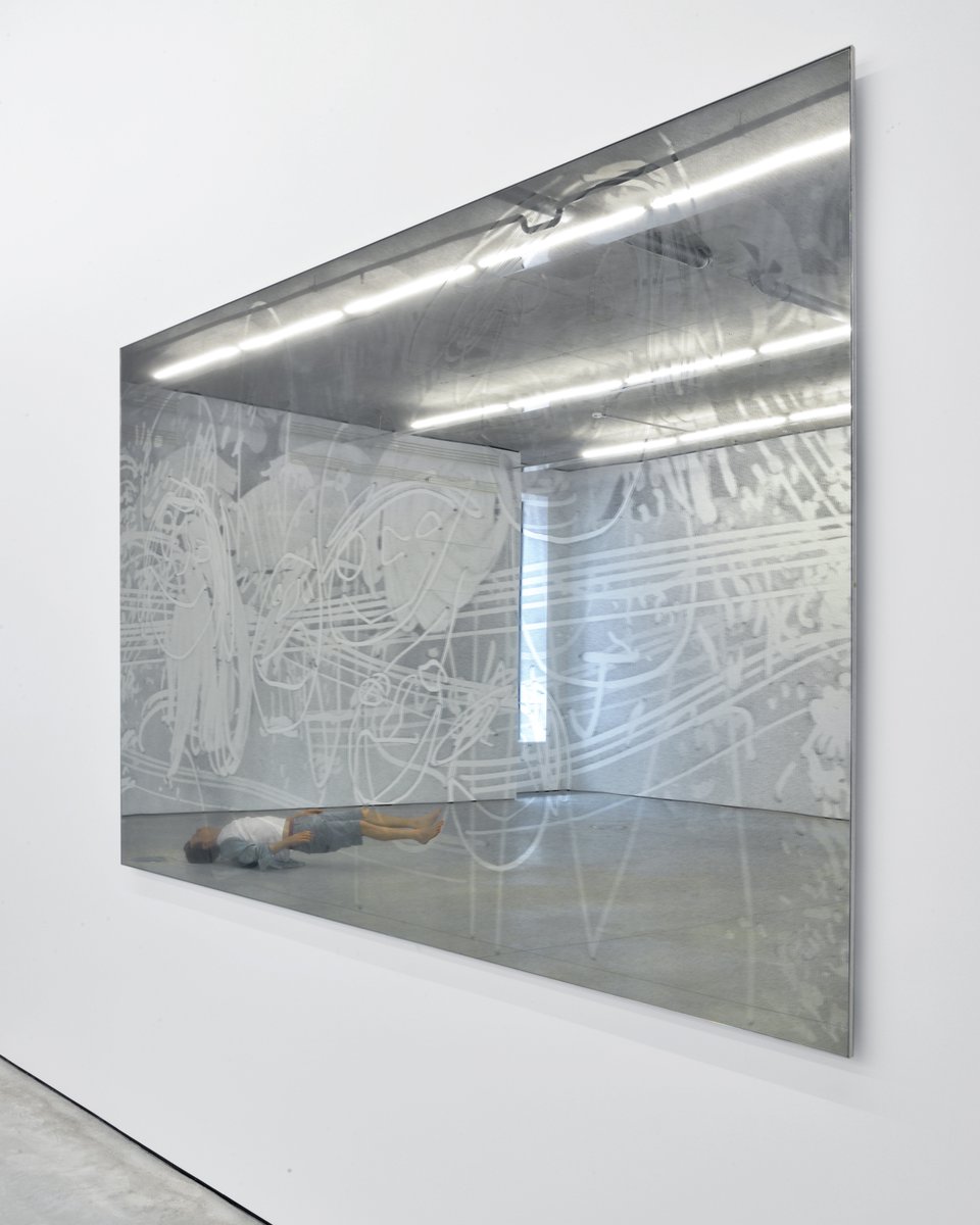 "I think the power of the mirror paintings come from the objectification of the viewer, and they also complicate the viewer’s subjectivity by means of the imagery cut into the many layers of painted dust." – #TonyMatelli

‘Family’, 2014. Enamel on mirror, 152 × 244 cm.