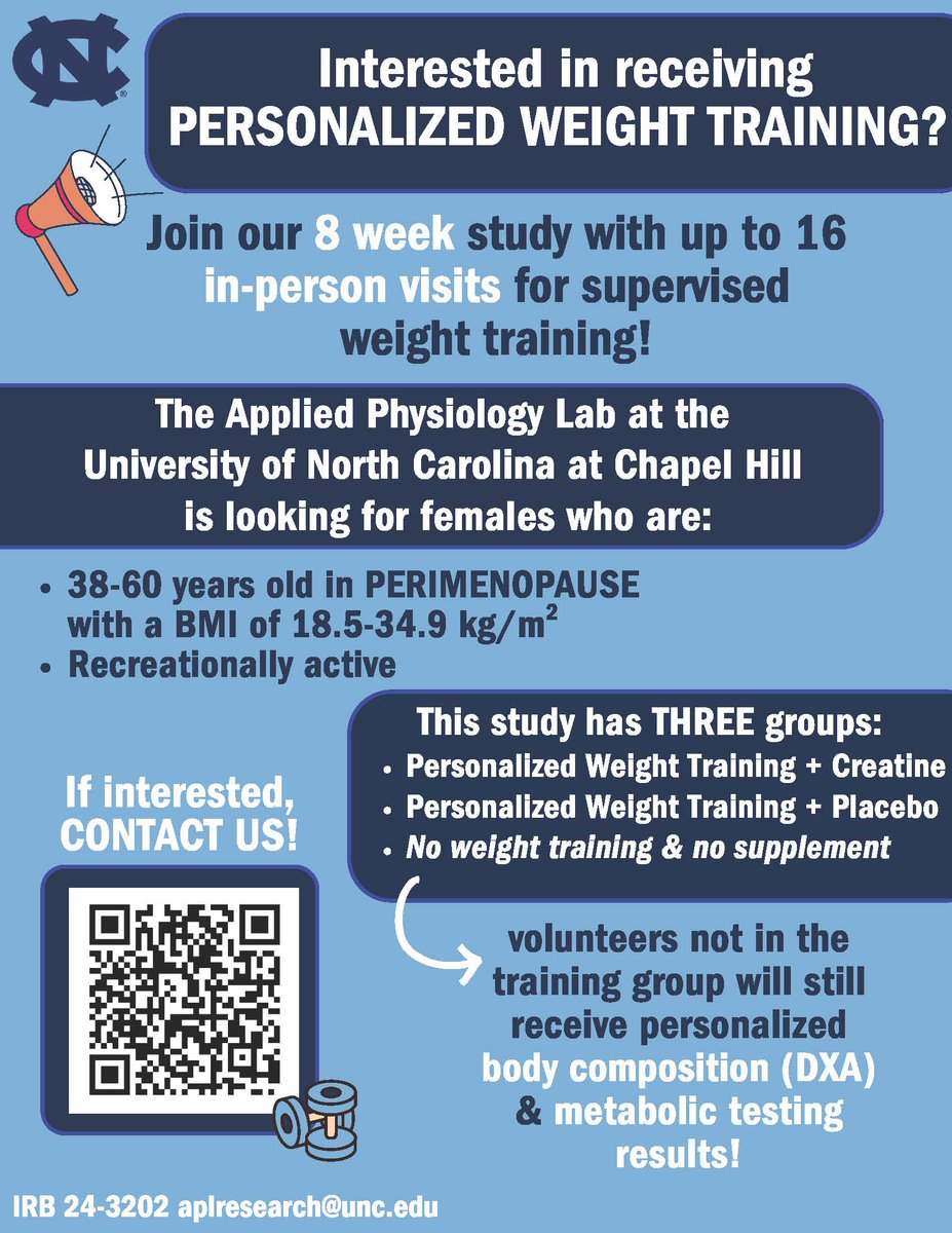 UNC EXSS (@uncexss) on Twitter photo Looking females age 38-60 years old with irregular periods or symptoms of perimenopause to explore the effect of weight training on muscle, metabolism, and brain function! If interested, please email aplresearch@unc.edu with the subject: STRENGTH or call 919-962-1663 for info! Looking females age 38-60 years old with irregular periods or symptoms of perimenopause to explore the effect of weight training on muscle, metabolism, and brain function! If interested, please email aplresearch@unc.edu with the subject: STRENGTH or call 919-962-1663 for info!