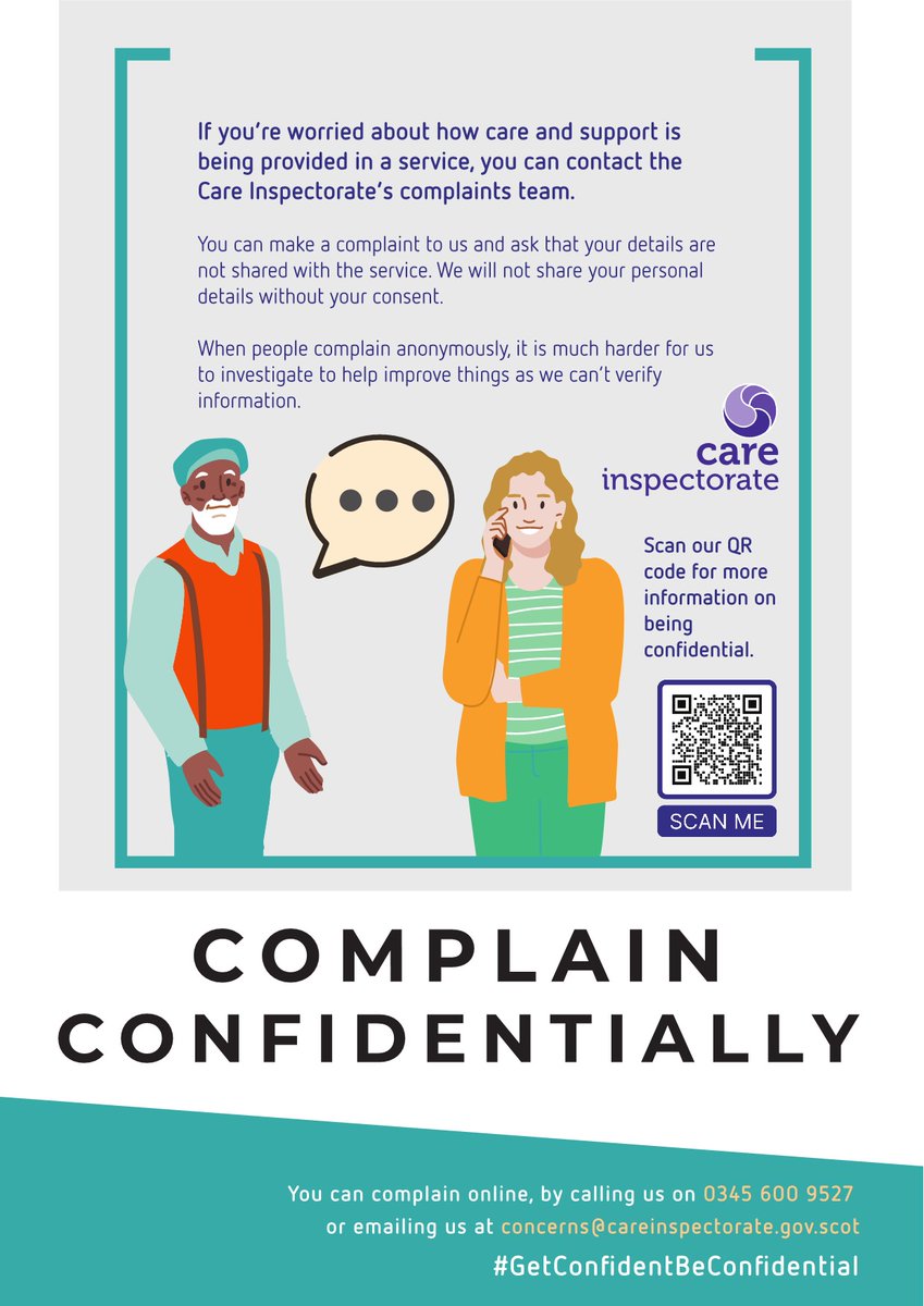 Self-Directed Support Network South Lanarkshire (@sdsnetsl) on Twitter photo Get confident with being confidential
anonymous complaints hinder <a href="/CareInspect/">Care Inspectorate</a> ability to investigate and improve due to unverifiable information and encourage confidential complaints, ensuring personal details remain secure
#GetConfidentBeConfidential Get confident with being confidential
anonymous complaints hinder <a href="/CareInspect/">Care Inspectorate</a> ability to investigate and improve due to unverifiable information and encourage confidential complaints, ensuring personal details remain secure
#GetConfidentBeConfidential