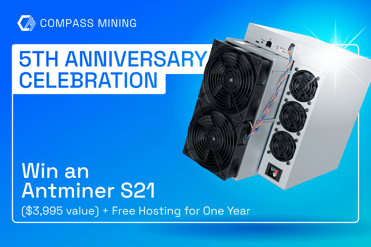 compass_mining's tweet image. Win an Antminer S21 (~$3,995) with first year hosting on us (stacking ~$4,161 BTC at today's price) just by answering one question:
Why mine Bitcoin?
We're celebrating Compass Mining’s 5th anniversary by turning the spotlight on our community: tell us what Bitcoin mining means…