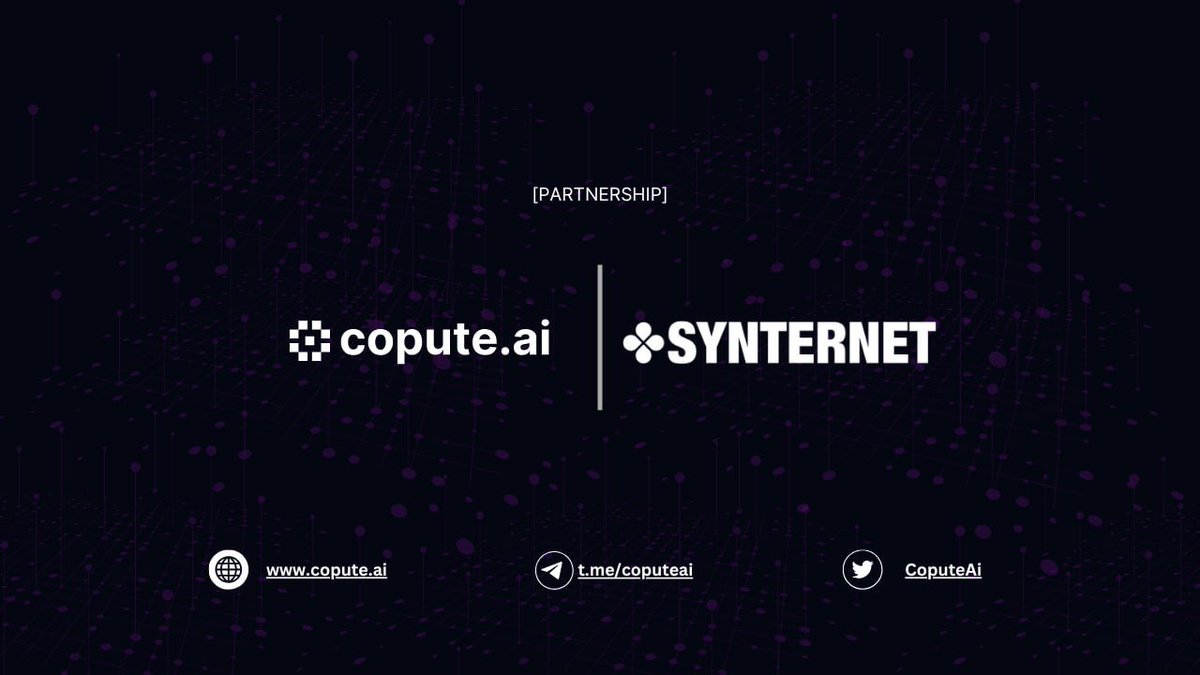 Copute.ai (@coputeai) on Twitter photo We're thrilled to announce a partnership with 
<a href="/synternet_com/">Synternet</a>, a protocol powering #AI Agents with real-time, cross-chain data to solve real-world problems ๐ฅ
Together, Copute and Synternet will drive the ecosystem of specialized agents that enhance the #Web3 experience for We're thrilled to announce a partnership with 
<a href="/synternet_com/">Synternet</a>, a protocol powering #AI Agents with real-time, cross-chain data to solve real-world problems ๐ฅ
Together, Copute and Synternet will drive the ecosystem of specialized agents that enhance the #Web3 experience for