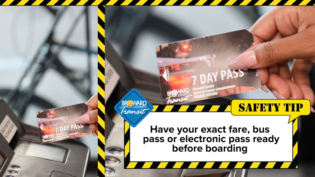 BrowardTransit's tweet image. Have your exact fare, bus pass or electronic pass ready before boarding

Learn more safety tips at Bit.ly/BCTSafetyTips

#BCT #TransitTips #BrowardTransit #RideSafe #TransitSafety