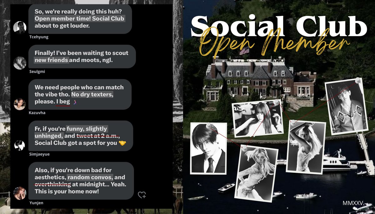 ‘𝐒𝐎𝐂𝐈𝐀𝐋 𝐂𝐋𝐔𝐁’                𝐎͟𝐏͟𝐄͟𝐍͟ 𝐌͟𝐄͟𝐌͟𝐁͟𝐄͟𝐑.

Need more cool people to mess around
with. Wanna be part of the club?

    Just repost this post and reply with:   
    “your nickname        +         username”
    &amp;     tag 5 mutuals you’d want in too.