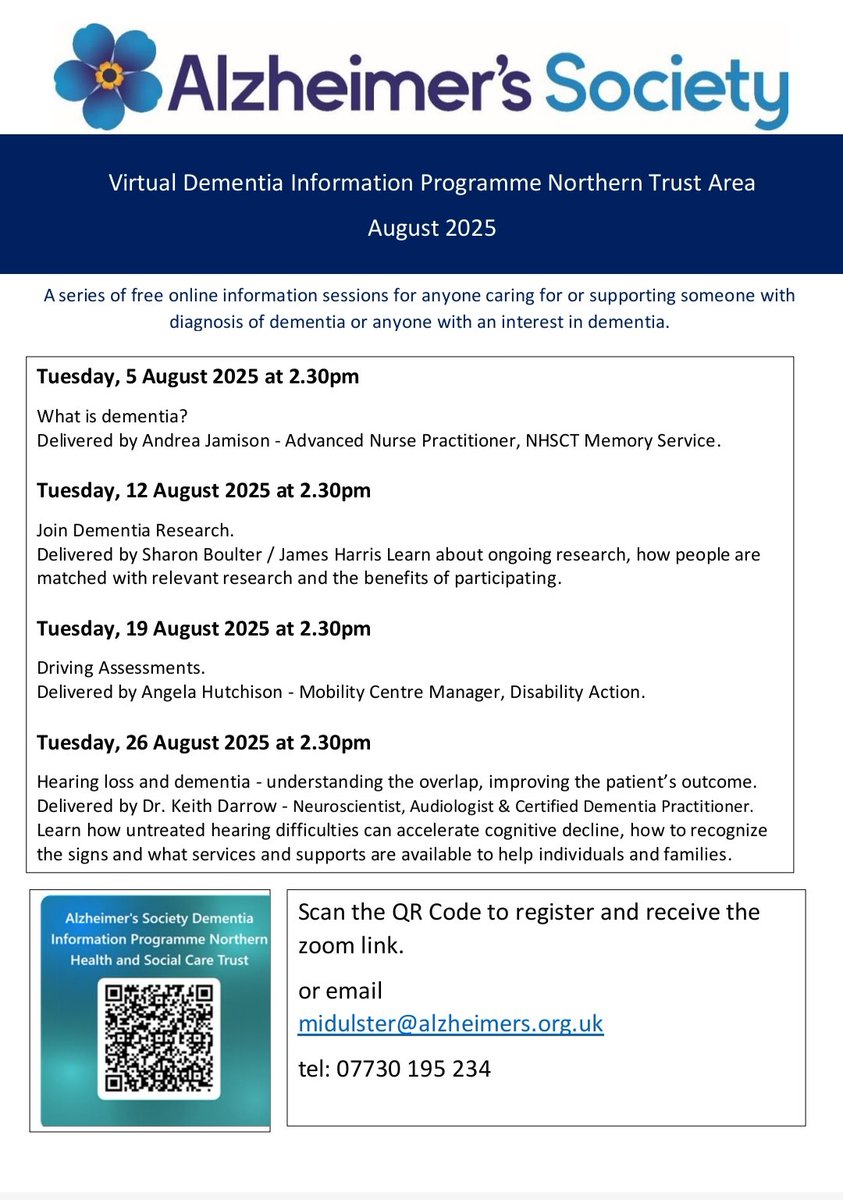 Adrian Friel (@adrian_friel02) on Twitter photo We <a href="/AlzSocNI/">Alzheimer’s Society Northern Ireland</a> are delighted to launch our next round of dementia information programmes in <a href="/NHSCTrust/">Northern Trust</a> area to register please scan QR code below or contact Lisa.
<a href="/LoveBallymena/">Love Ballymena</a> <a href="/LoveBallyclare/">Love Ballyclare</a> <a href="/LoveBallycastle/">Love Ballycastle</a> <a href="/lovecauseway/">lovecausewaycoast</a> We <a href="/AlzSocNI/">Alzheimer’s Society Northern Ireland</a> are delighted to launch our next round of dementia information programmes in <a href="/NHSCTrust/">Northern Trust</a> area to register please scan QR code below or contact Lisa.
<a href="/LoveBallymena/">Love Ballymena</a> <a href="/LoveBallyclare/">Love Ballyclare</a> <a href="/LoveBallycastle/">Love Ballycastle</a> <a href="/lovecauseway/">lovecausewaycoast</a>