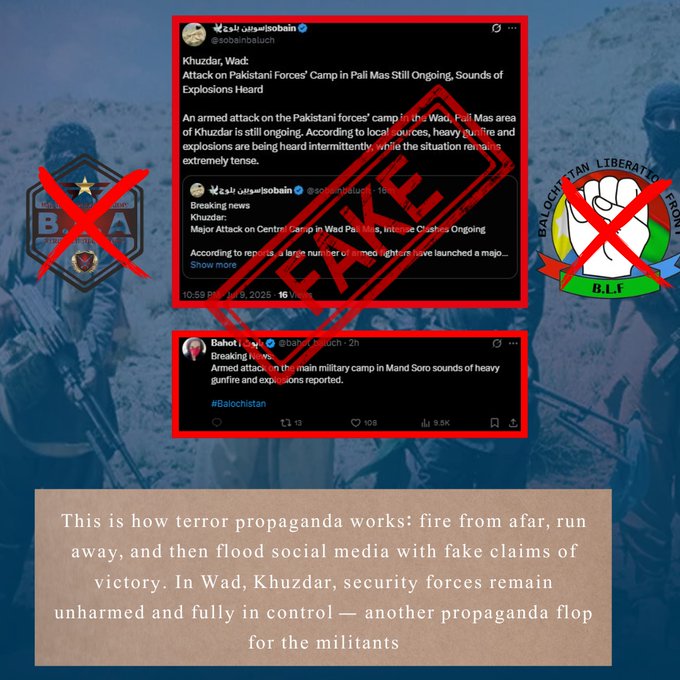 Ameerrind05's tweet photo. Another propaganda flop by militants! Security forces in Wad, Khuzdar remain strong & in command. Claims of attacks are baseless and fabricated. #NoTerrorism #PakistanZindabad https://t.co/D9gSrikgA8