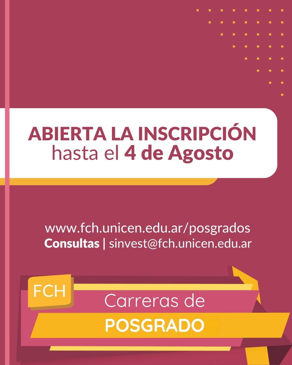 🟥Especializate estudiando en la #FCH CARRERAS DE #POSGRADO
🔸Inscripción abierta: Hasta el 04/08/25
🔸Consultas: sinvest@fch.unicen.edu.ar
 Más información 👉fch.unicen.edu.ar/posgrados/
Amplia tus horizontes y adquirí nuevas habilidades. ¡Inscribite ahora!

<a href="/UNICEN_Oficial/">UNICEN</a>