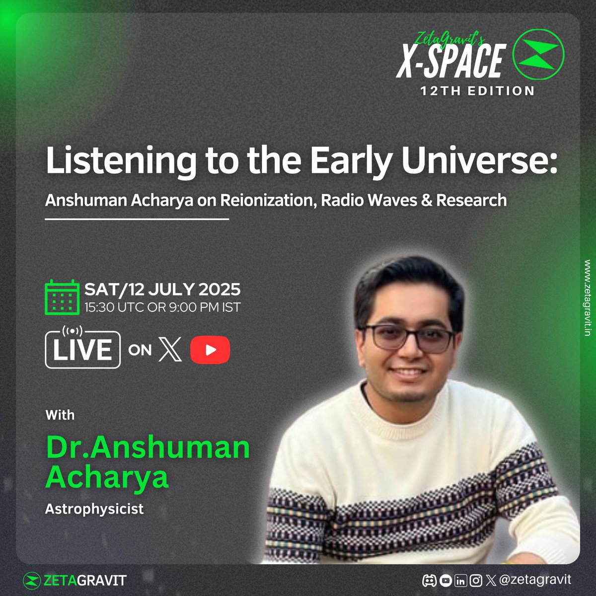 zetagravit's tweet image. 🎙️ Anshuman Acharya joins us on ZetaGravit EP12, dropping July 12.
Our next guest is someone we’ve looked up to for a while now.
From Bhubaneswar to Max Planck.
From IISER Mohali to Harvard CfA.
From poetry to cosmology and the 21-cm signal echoing across 13 billion years.