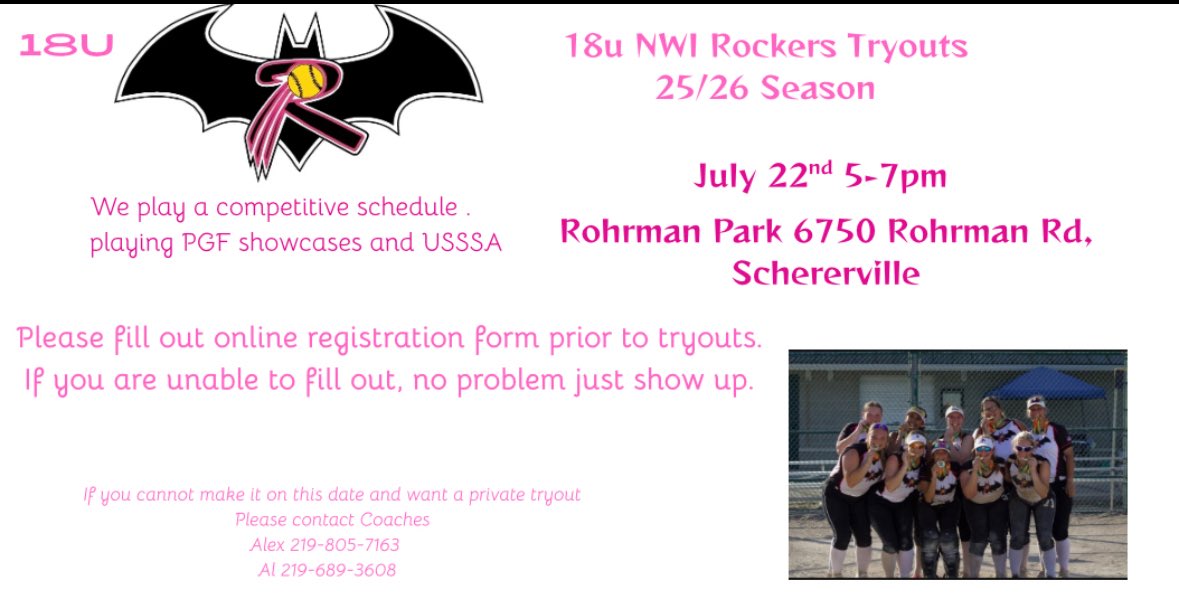 Official tryout date! Come join our Rockers family🦇
We play a competitive schedule and expose our girls to our connections and many college coaches. 
docs.google.com/forms/d/e/1FAI…