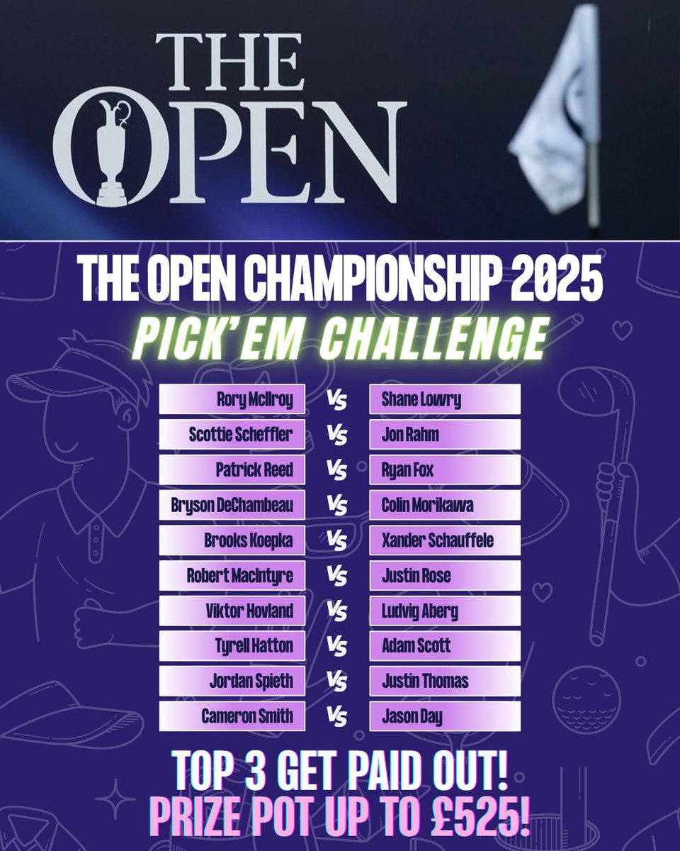 Fairplayapp's tweet image. 🚨 1 week to go until The Open! ⛳️
Will Schauffele go back to back? 🏌️♂️
Get involved in our 2025 Open pick’em challenge for your chance to win big prizes 🤑
Pick who you think will end on a better overall score and see where you end up on the leaderboard 🤞
👉 Get involved:…