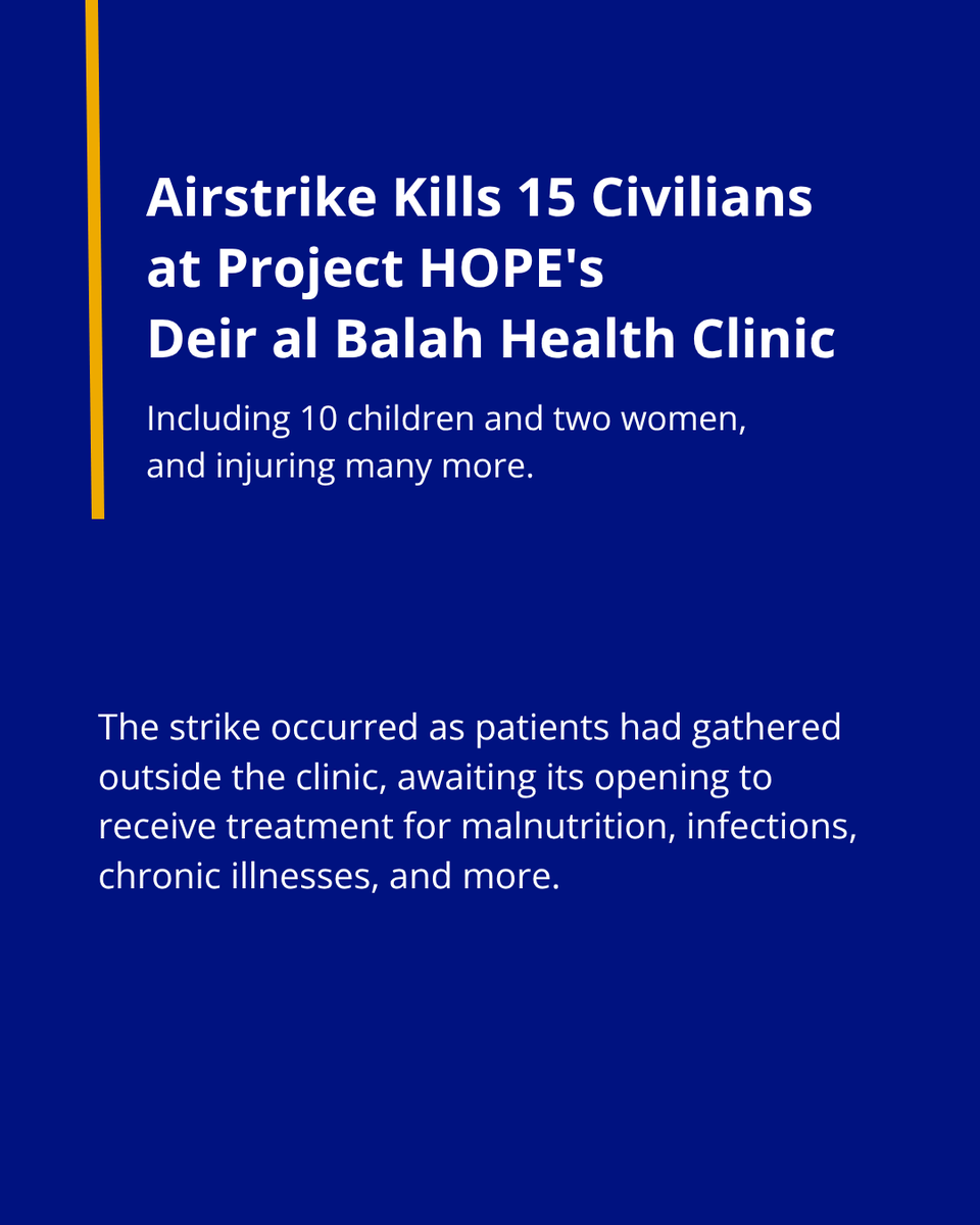 projecthopeorg's tweet image. This morning, an airstrike killed 15 civilians, including 10 children and two women, and injured many more outside Project HOPE's health clinic in Deir al Balah, Gaza.
The strike occurred as patients had gathered outside the clinic, awaiting its opening to receive treatment for…