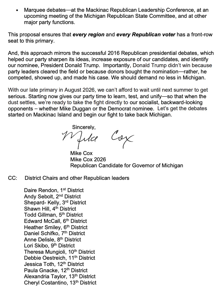 jonathanoosting's tweet image. Governor hopeful Mike Cox is urging the Michigan GOP to host at least 10 debates before the 2026 primary, starting with the party's September conference on Mackinac Island.