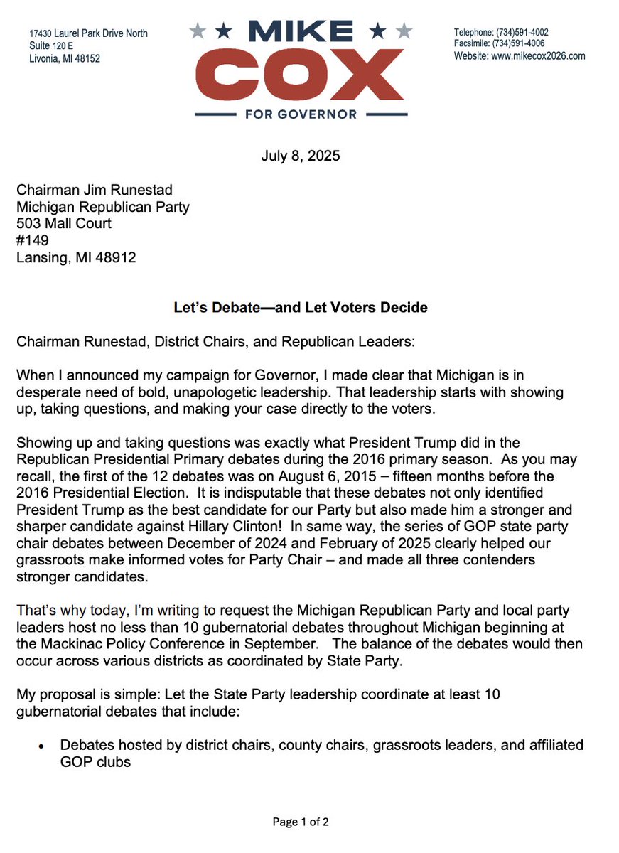 jonathanoosting's tweet image. Governor hopeful Mike Cox is urging the Michigan GOP to host at least 10 debates before the 2026 primary, starting with the party's September conference on Mackinac Island.