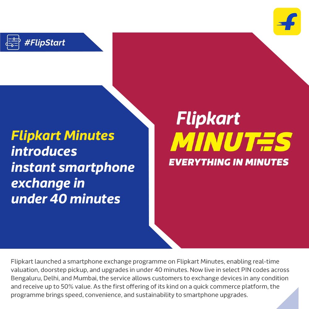 FlipkartStories's tweet image. .@Flipkart launched an instant smartphone exchange programme on Flipkart Minutes, enabling upgrades in under 40 minutes with real-time valuation and doorstep pickup.
Now live in Bengaluru, Delhi, and Mumbai, the service allows customers to exchange smartphones in any condition…