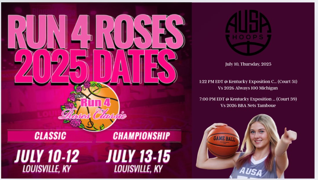 Tahlia Tuckey (@tahliatuckey) on Twitter photo Come watch me in motion! ๐บ๐ธ๐ฆ๐บ
July 10, 2025
Court 51, 1:22PM EDT
Vs 2026 Always 100 Michigan
Court 39, 5:00PM EDT
Vs 2026 BBA Nets Tamboue
<a href="/TFNsRun4Roses/">TFN's Run 4 Roses</a> <a href="/AUSA_Hoops/">AUSA Hoops</a>
#womenbasketball #Run4Roses #AUSA #number57 #collegebasketball #classic #champion Come watch me in motion! ๐บ๐ธ๐ฆ๐บ
July 10, 2025
Court 51, 1:22PM EDT
Vs 2026 Always 100 Michigan
Court 39, 5:00PM EDT
Vs 2026 BBA Nets Tamboue
<a href="/TFNsRun4Roses/">TFN's Run 4 Roses</a> <a href="/AUSA_Hoops/">AUSA Hoops</a>
#womenbasketball #Run4Roses #AUSA #number57 #collegebasketball #classic #champion