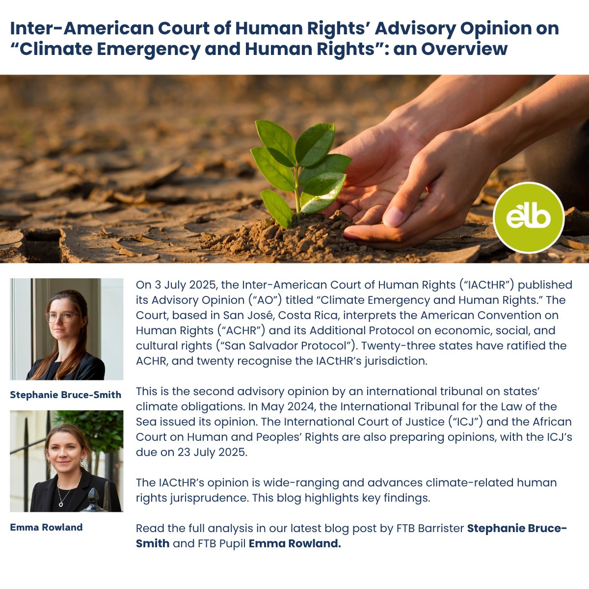 EnvLaw_Blog's tweet image. On 3 July 2025, the IACtHR issued its second-ever climate Advisory Opinion: Climate Emergency &amp;amp; Human Rights. Insights from #FTB’s Stephanie Bruce-Smith &amp;amp; Emma Rowland: lnkd.in/gbvaWatA

Subscribe to #ELB: lnkd.in/eX6CStUw
#ClimateChange #HumanRights #EnvironmentLaw