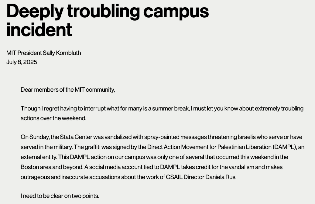 mitfreespeech's tweet image. There's no free speech defense whatsoever for vandalism and threats, and the people who did this should be arrested and prosecuted.
president.mit.edu/writing-speech…